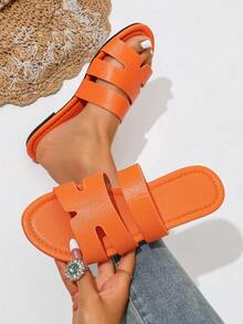 Ximi Ruo Korean Style Casual Flat Slide Sandals, Open Toe, Woven Roman Style, Suitable For Spring, Summer, Beach, Vacation, Dresses, Apartment, Brown Color - Orange - View 4