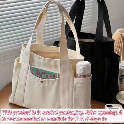 1pc Large Capacity Tote Canvas Bag, High-Quality Commuter Versatile Shoulder Bag For Work, Outing, Students