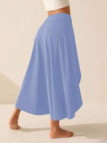 Plus Size Women's Solid Color High Waist Asymmetrical Hem Slit Yoga Skirt With Built-In Shorts And Pockets, Casual Activewear Skirt For Daily Wear And Workout, Spring/Summer Sports - Baby Blue - View 4