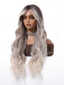 26in Gray Ombre Wigs Curly Wigs With Bangs Layered Middle Part Wigs Heat Resistant Long Wavy Curly WigsSuitable Natural Layered Long Curly Hair With Fringe Wig For Parties, Cosplay, Daily Wear, Also Suitable For Parties, Music Festivals, An Ideal Mother's Day Gift, Perfectly Showcases Party Fashion. - Gray Ombre - View 7
