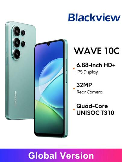  Blackview WAVE 10C 全球版智能手机，6.88 英寸显示屏，3200 万像素后置摄像头 + 1300 万像素前置摄像头，紫光展锐 T310 处理器，支持高达 1TB 的 TF 卡，5000mAh 电池，附赠保护壳