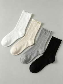 4双装女士夏季随机镂空网眼圆头荷叶边中筒袜，轻薄透气宽松袜，甜美休闲百搭中筒袜，适合日常穿着，荷叶边宽松中筒袜，甜美百搭中筒袜 - 彩色 - 查看 9