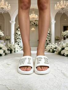 Women's Bridal Pearl Rhinestone Slippers, Comfortable Glittery Slides For Brides, Perfect Gifts For Weddings, Bridal Showers And Bachelorette Parties - White - View 2