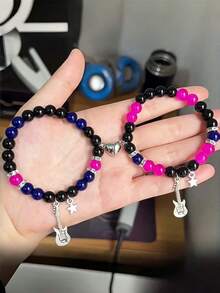 2件套个性化吉他磁吸手链，配天然宝石和星星吊坠，时尚友谊手链，适合日常穿搭、派对、母亲节礼物 - 彩色 - 查看 2