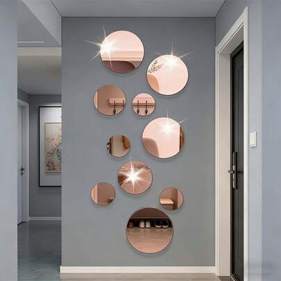26pcs Rose Gold Round Mirror Wall Stickers, Home Decor, Removable Acrylic Mirror Tiles With Coating, Rose Gold Art Decorative Mirror, Suitable For DIY Bathroom, Bedroom, Living Room - Peel And Stick Shower Mirror Installation, Living Room Wall Art Decor