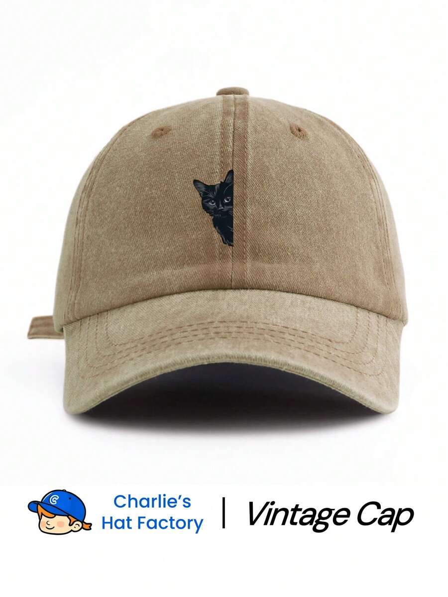 1 Pc BLACK CAT Print Baseball Cap, Classic Casual Stylish Vintage Soft Sweatband Adjustable Size Lightweight Sun Protection Versatile Vintage Dad Hat, Suitable For Outdoor Sports Daily Wear Party Vacation Perfect Gift For Family And Friends - Black Cat - 查看 1