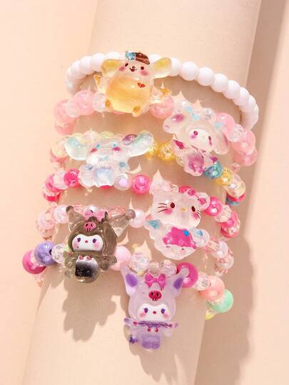 SANRIO 6件套三丽鸥女孩可爱小猫吊坠串珠手链，适合节日派对、学校活动、生日礼物，彩色珠子随机发货
