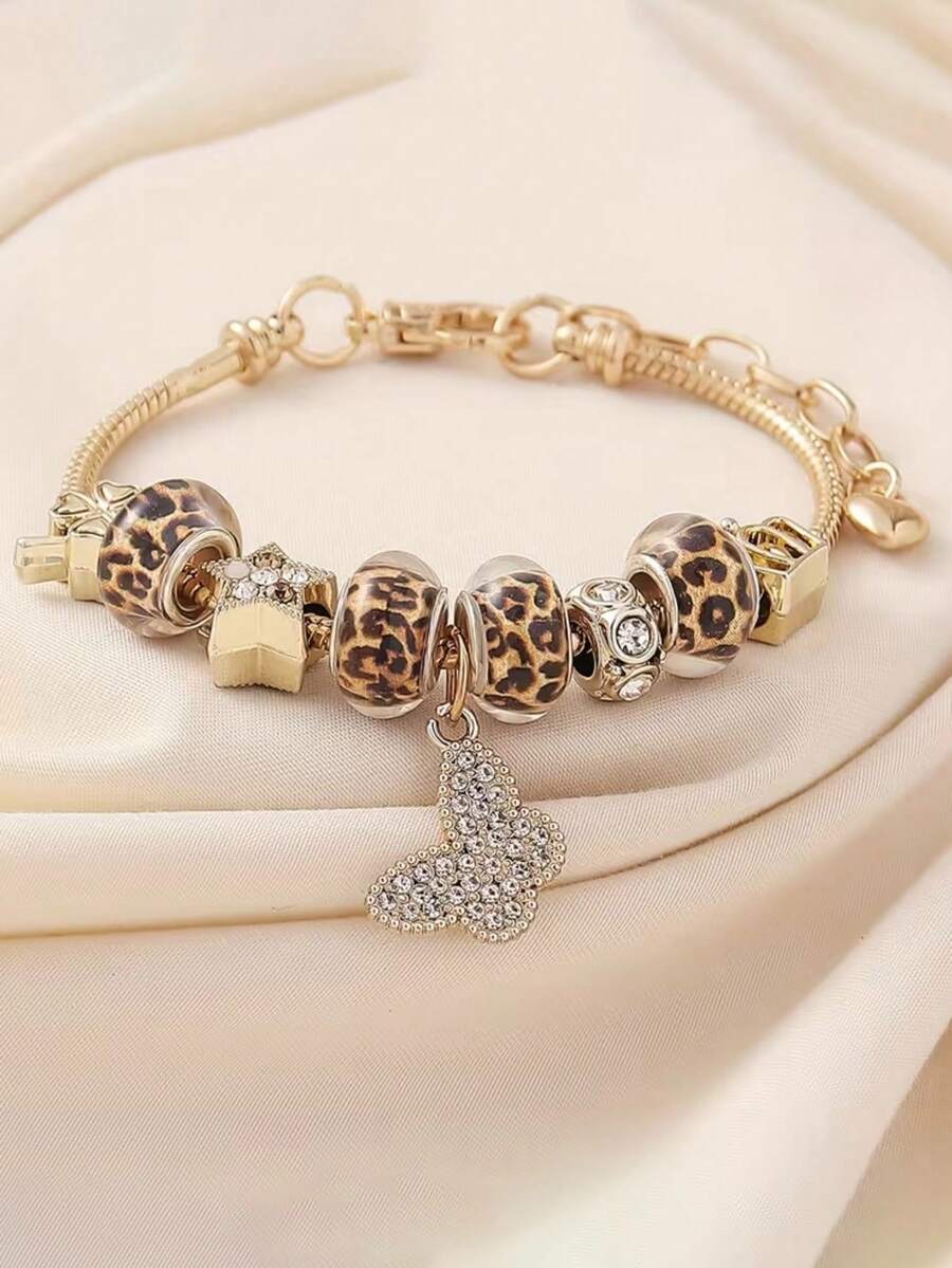 A Stylish Single-Layer Bracelet For Teen Featuring A New Leopard Print Crown Design With Beads, Exuding Elegance And Allure - Multicolor - View 1