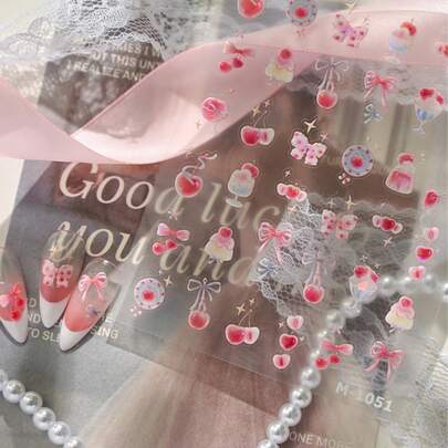 1pc 5D Kawaii Pink Cherry Bowknot Nail Art Stickers Cartoon Korean Sweet Ice Cream Cake Self Adhesive Transfer Sliders Nail Art Decor Stickers DIY Decals