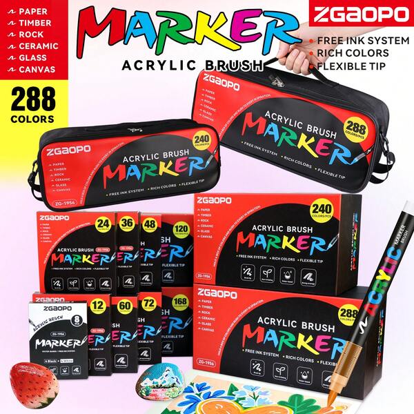 12-288色液体丙烯马克笔，学生艺术专业绘画软头彩色马克笔，紧密叠放的纸张，可用于DIY涂色书，也可用于在玻璃、石头上作画，防水人体彩绘笔，圣诞礼物