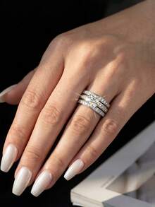 Bộ 3 nhẫn bạc 925 đính kim cương và đá Moissanite 2.0ct hình vương miện, trang sức cưới sang trọng, thích hợp làm quà tặng đính hôn, cưới, sinh nhật, kỷ niệm. - Nhẫn Moissanite hình vương miện - 2 carat - Xem 2
