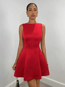 Vestido elegante de unicolor sin mangas con dobladillo con volantes y cintura elástica para citas en otoño para mujer - Rojo - Ver 3