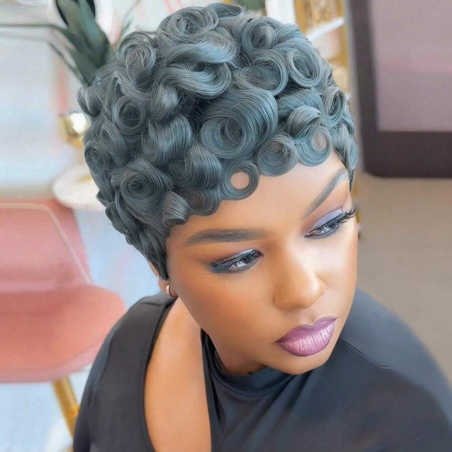 Parrucca corta riccioluta da donna stile pixie, in capelli umani, con frangia ondulata alla moda e a strati, parrucca frontale in pizzo completa - Multicolore - Visualizzare 1