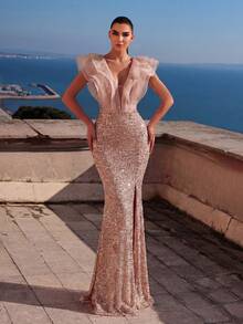 Faeriesty Vestido de noche elegante con cuello de volantes para mujer - Bajo con abertura de cola de pez, tela brillante con lentejuelas, silueta ajustada | Perfecto para galas formales y bodas | Combina con joyas llamativas y tacones altos para un look de fiesta de vacaciones de verano - Champán - Ver 1