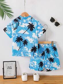 Set de 2 piezas de camisa de manga corta con estampado de árbol de coco y pantalones cortos casuales para niño, adecuado para vacaciones de verano y uso diario al aire libre - Azul - Ver 3