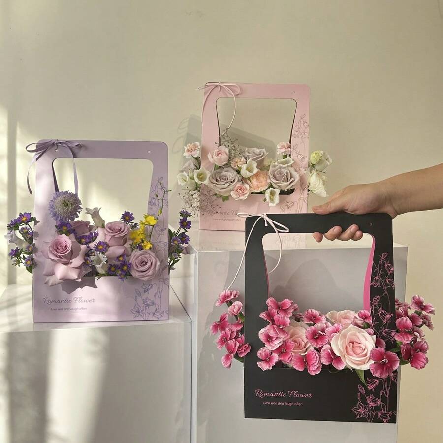 5个装便携式花盒花卉包装盒鲜花手提袋防水纸花篮,跨境货源 - 禮盒 - 查看 1