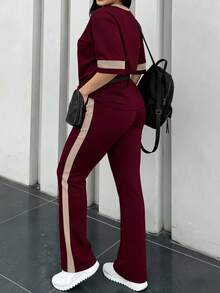 Bộ đồ nữ mới gồm áo thun cổ tròn tay ngắn và quần ống rộng cạp chun, kiểu dáng thường ngày, thích hợp cho mùa xuân/thu/hè. - Rượu vang Burgundy 63+ Quả mơ - Xem 9