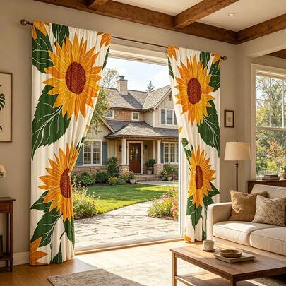 2PCS Sunflower Curtains, Pole Mounted Curtains, Yellow Floral Prints, Modern Home Decoration, Seasonal Universal Curtains, Home Living Room, Bedroom, Study, Window Decoration, Decorative Curtains
