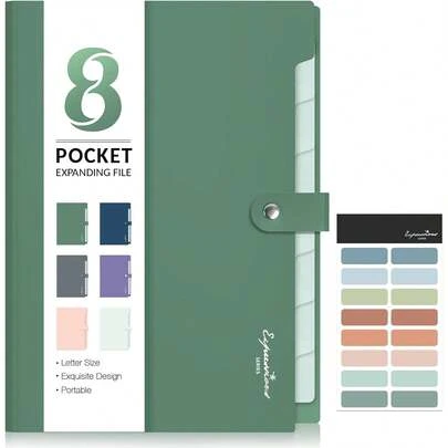 Elegant Accord File Organizer, 8 Poet Expanding File Folders With Labels, Portable Folder For Documents, Cute Paper Organizer For School Office Supplies, Letter Size, Dark Green Variant 1