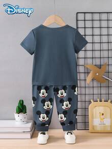 Disney 迪士尼男婴可爱大头米奇印花休闲短袖弹力腰柔软针织长裤睡衣套装 - 灰色 - 查看 3