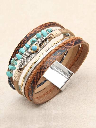 1pc Bohemian Style Feather & Multi-Layer Leather Bracelet, Fashion Turquoise Beaded Bracelet, Suitable For Evening Gown, Mother's Day Party Gift For Mom, Girlfriend, Sister