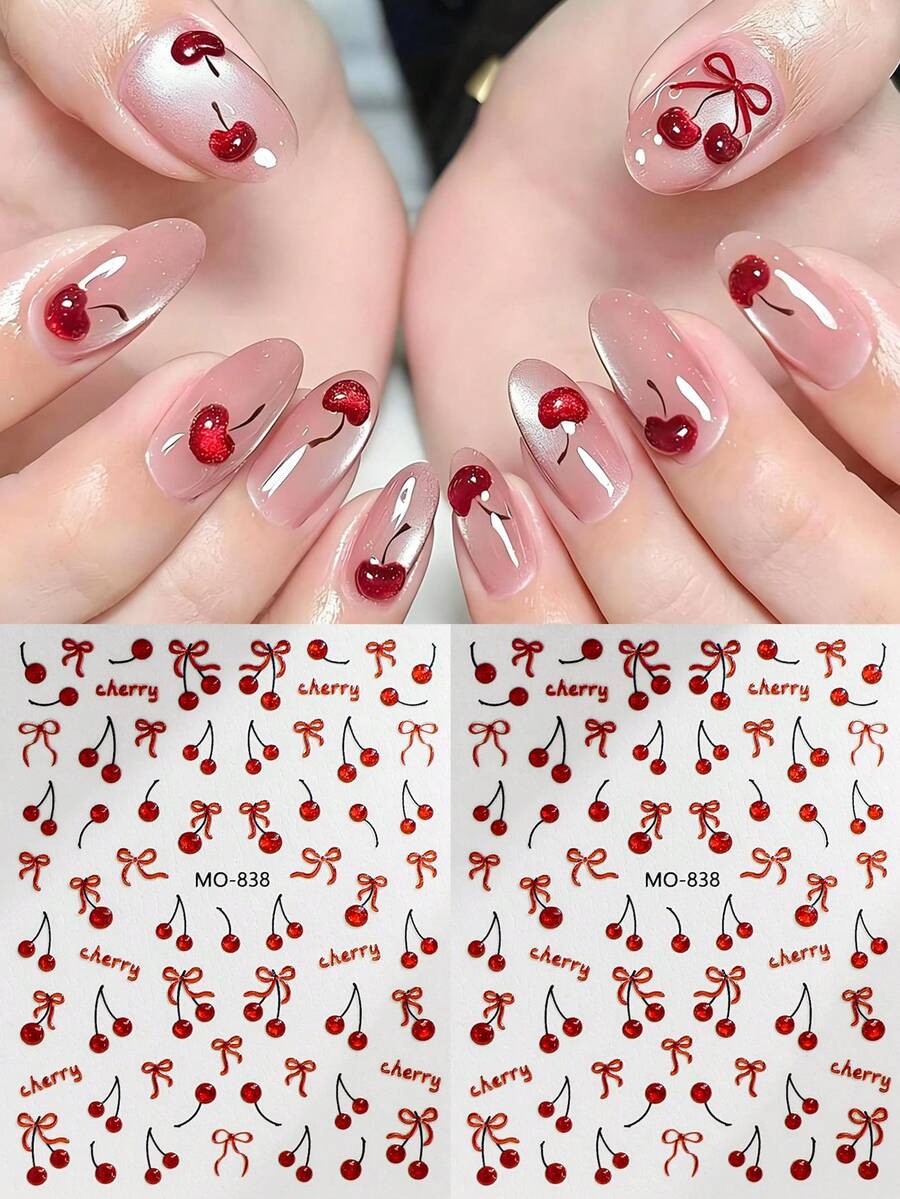 2片/套 5D果冻樱桃夏季美甲贴纸,红色蝴蝶结可爱水果3D雕刻浮雕美甲贴花,DIY美甲用品,适用于婚礼和节日 - 彩色 - 查看 1