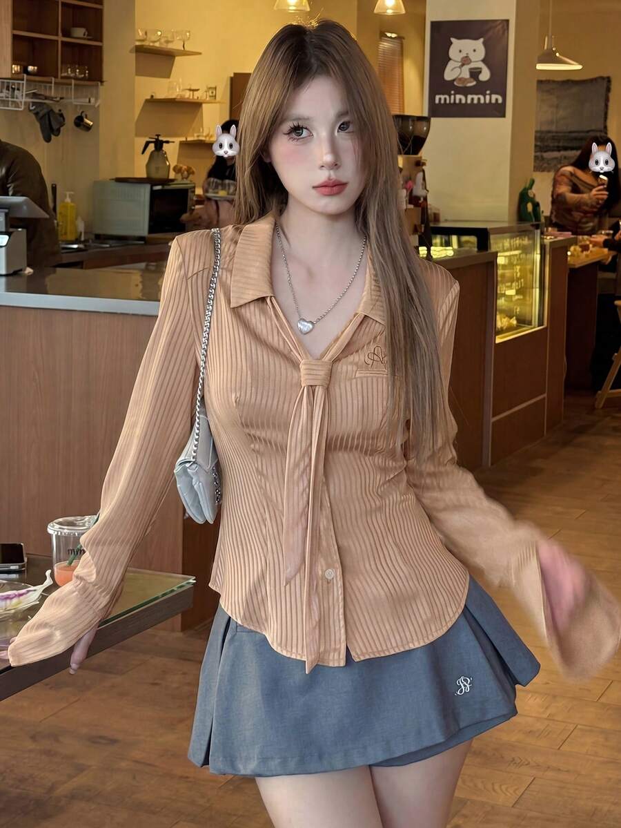 Satin Collar Striped Waist Fitted Long Sleeve Blouse For Women, Sweet & Spicy Vibe, Spring - Khaki - View 1