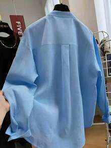 Plus Size Solid Color Casual Loose Side Pleated Collar Blouse Spring - Blue - View 3