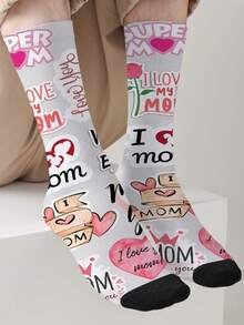 1双360度印花母亲节主题中筒袜，可爱“妈妈的爱”图案，男女通用休闲短袜，送给妈妈的理想礼物 - 彩色 - 查看 3