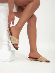 Retro Woven Patchwork Strap Wedge Sandals, Comfortable Beach Slippers For Women Summer - Apricot - View 4