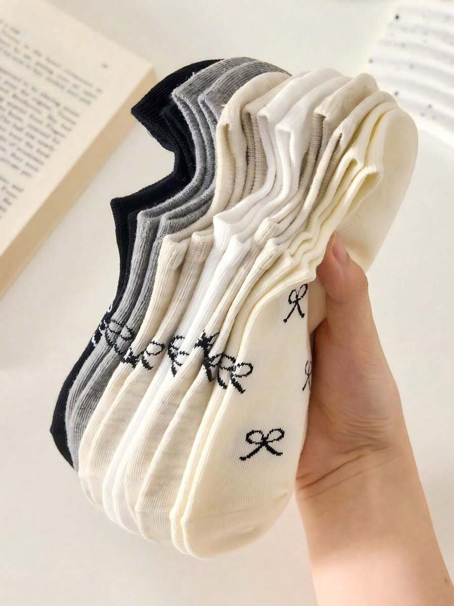 5双装女士甜美蝴蝶结极简低帮隐形袜，防滑、时尚、柔软舒适，适合春夏日常穿着 - 彩色 - 查看 1
