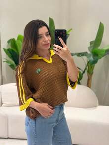 Women's Brazilian Openwork Knit Shirt With Retro Style Polo Neck - 鏽棕色 - 查看 1