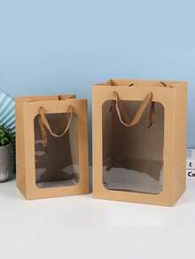 5pcs Kraft Paper Bags With Window, Handled Gift Bags, Birthday Flower Packaging Bags - Coffee Brown - View 7