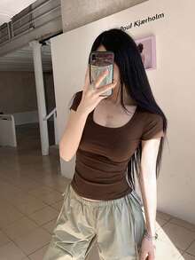 U-Neck Short Sleeve T-Shirt, Stretchy Slim Fit Solid Color All-Match Tee Casual Summer - Coffee Brown - View 5