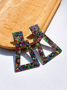1 par de pendientes de aro geométricos huecos de acrílico, de estilo vacacional de moda, adecuados para fiestas y uso diario, diseño único para mujeres - Multicolor - Ver 6