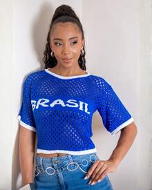 Cropped Knit Top With Openwork Detail, Brazil Women's Round Neck, Brasilcore Fan Design, Hexa Gift, Mother's Day - 藍色 - 查看 6