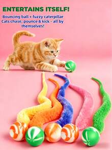 PETSIN 1/5pcs Elastic Ball Cat Toys With Tail, Colorful Plush Worm Balls, Interactive Self-Play Exercise Toys For Indoor Cats, Random Colors - View 4