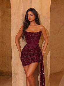 Vestido de fiesta elegante con parches de malla con lentejuelas, cintura alta plisada, de satén con lazo en la espalda y corto, adecuado para bailes, fiestas de cumpleaños, cenas formales, regreso a casa, invitados de boda, cócteles de primavera - Burdeos - Ver 3
