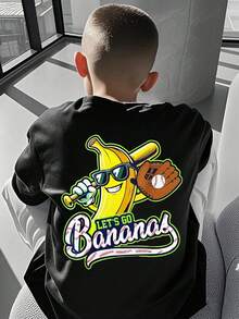 Camiseta infantil de manga curta e gola redonda com estampa de banana e desenho animado de beisebol. Leve e respirável, perfeita para o verão e que nunca sai de moda. - Preto - Ver 2
