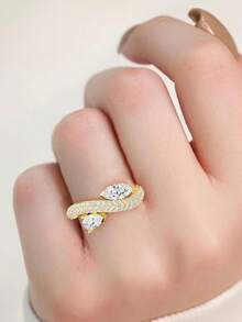 1pc 18K Gold Plated Copper Luxury Ring, Double Stone Crossed Design With Inlaid Diamonds, European And American Fashion Versatile Jewelry, Engagement/Wedding Bride Jewelry, Valentine's Day/Birthday Gift For Girlfriend, Suitable For Dating, Vacation, Party Outfit, Quality Jewelry For Women - Gold - View 3