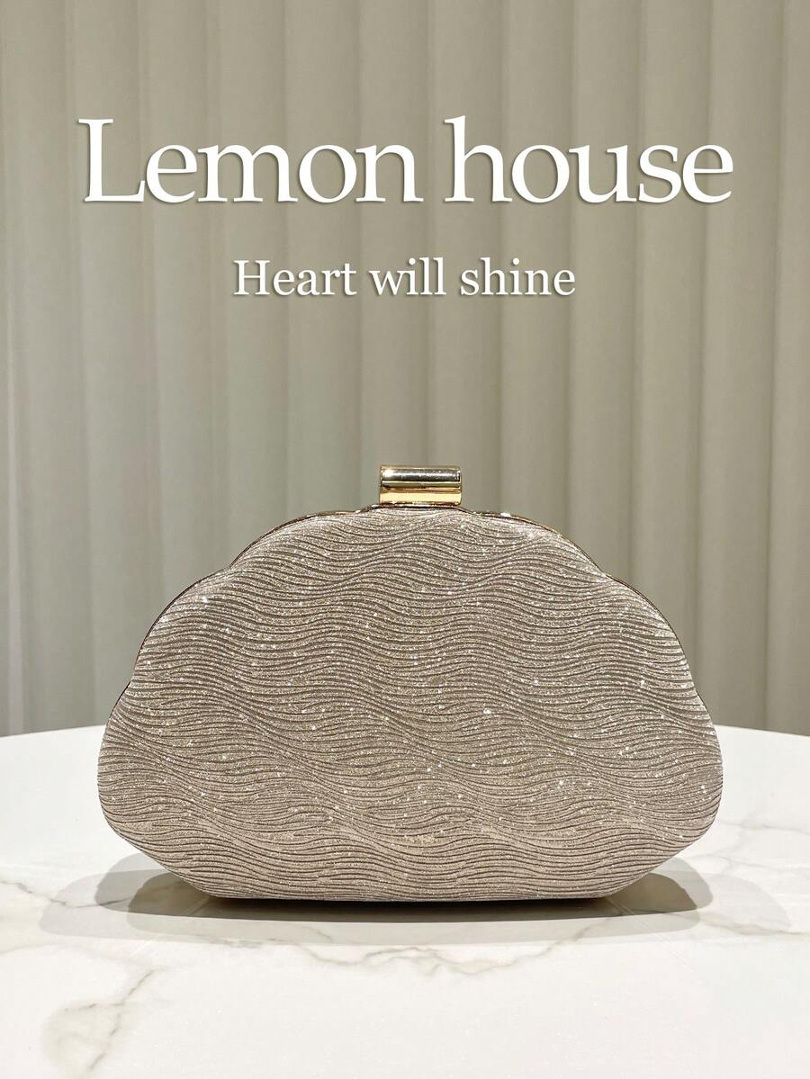 1pc Glittery Gold Striped Shell Shaped Clutch Bag, Fashionable & Elegant Women's Evening Handbag, High-End Wedding Bridal Purse, Suitable For Formal Occasions Like Banquets, Weddings, Parties, Galas - Gold - View 1