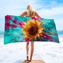 1pc Tie-Dye Sunflower Pattern Beach Towel, Super Soft Microfiber Extra Large Beach Blanket, Highly Absorbent Bath Towel, Suitable For Travel, Swimming Pool, Diving, Surfing, Yoga, Camping, Available In Multiple Sizes, Beach Accessory - Cadet Blue - View 8