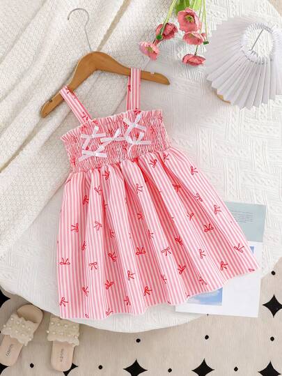 Girls' Pink & White Striped Bow Strap Dress, Pleated Princess Dress, Sweet Children's Clothing For Summer