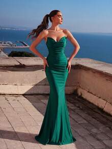 Faeriesty Vestido de noche elegante para mujer con escote en forma de corazón sin tirantes, drapeado y cola de pez - Adecuado para bodas, eventos de alfombra roja, cenas formales y otras ocasiones formales, atuendo de fiesta de vacaciones de verano primavera - Verde Oscuro - Ver 5