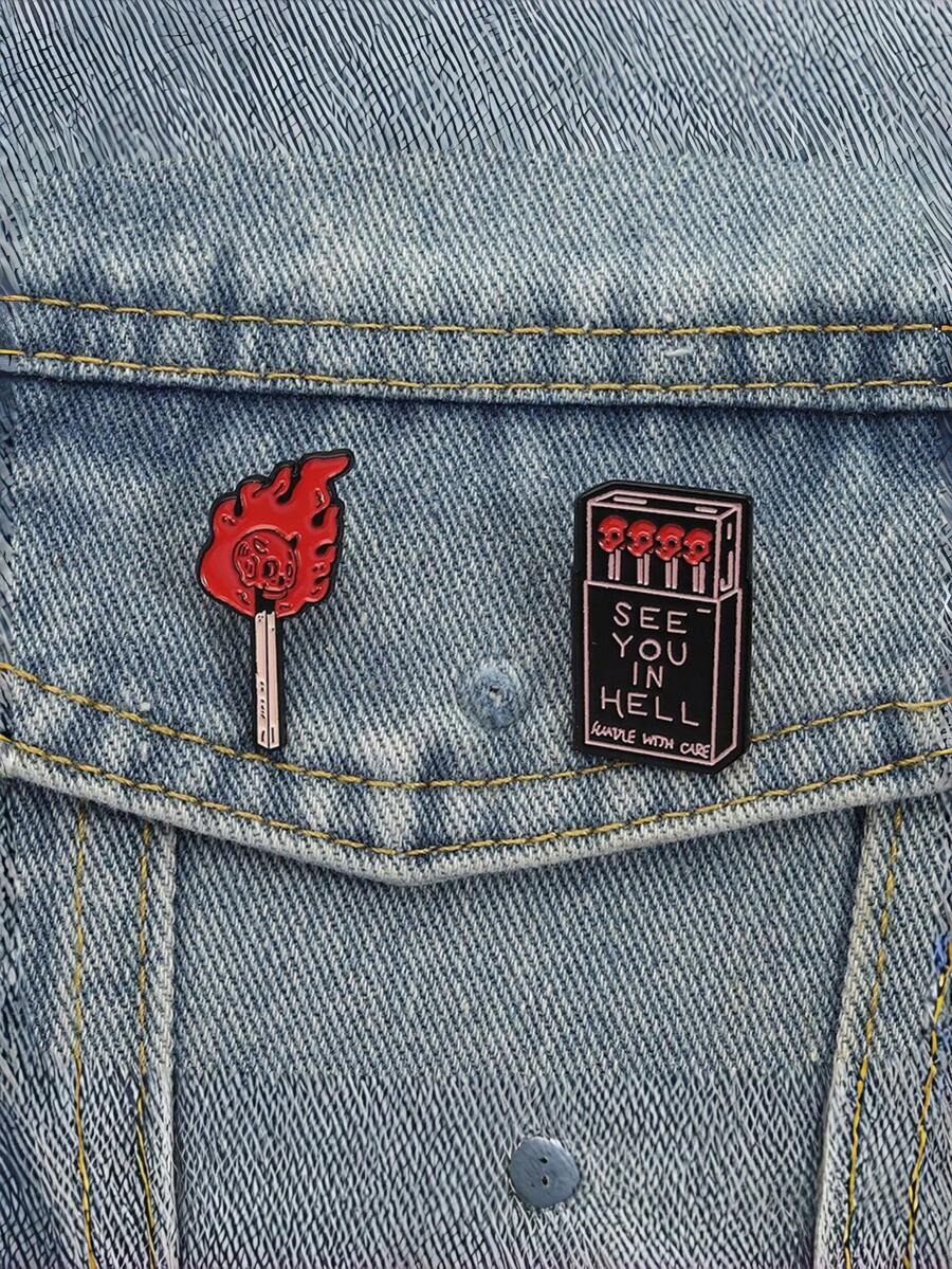 1/2件套哥特风火柴盒骷髅珐琅徽章套装，朋克暗黑风火柴胸针，翻领徽章，可别在背包、夹克上，另类时尚饰品礼品 - 彩色 - 查看 1