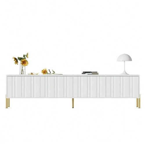 TV Cabinet, 190 Cm Long X 38 Cm Wide X 48 Cm High, Gold Table Legs, Grooved Door Design - White - View 1