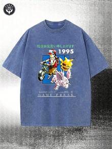 T Shirt Print ,Graphic-Cotton Tees Size Plus, Cartoon Round Neck Short Sleeve, Washed, 1995 Anime Cartoon Game Monster Fun Men's Short Sleeved Graphic T-Shirt, Cool Retro Casual Fun Wearing Exquisite Letter Printed Round Neck Short Sleeved Graphic T-Shirt, Men's Short Sleeved Printed T-Shirt, Square Neck Street Pure Cotton Short Sleeved T-Shirt, Fashionable T-Shirt, Holiday Gift ,Y2K,Oversized Shirt Men,With Shirt,Summer Tops,Shirt Suitable - 藍色 - 查看 1