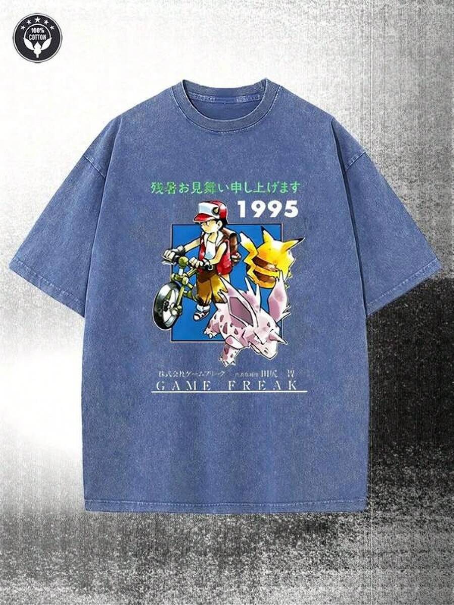 T Shirt Print ,Graphic-Cotton Tees Size Plus, Cartoon Round Neck Short Sleeve, Washed, 1995 Anime Cartoon Game Monster Fun Men's Short Sleeved Graphic T-Shirt, Cool Retro Casual Fun Wearing Exquisite Letter Printed Round Neck Short Sleeved Graphic T-Shirt, Men's Short Sleeved Printed T-Shirt, Square Neck Street Pure Cotton Short Sleeved T-Shirt, Fashionable T-Shirt, Holiday Gift ,Y2K,Oversized Shirt Men,With Shirt,Summer Tops,Shirt Suitable - 藍色 - 查看 1