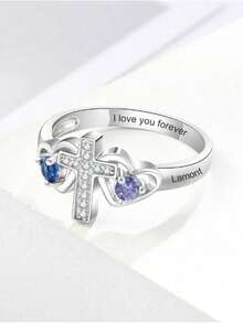 Anillo con forma de cruz personalizado con piedra de nacimiento y nombre en inglés grabado, joyería de moda, esencial para el estilo - Multicolor - Ver 7