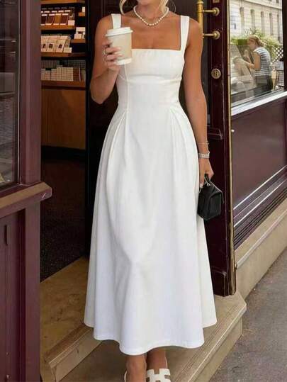 Look Polly Vestido Elegante Feminino de Cor Sólida com Decote Quadrado, Costas Abertas e Amarração na Cintura, Vestido A-Line, Alças Largas, Cintura Marcada, Vestido de Dama de Honra para Férias, Vestido Longo para Convidado de Casamento